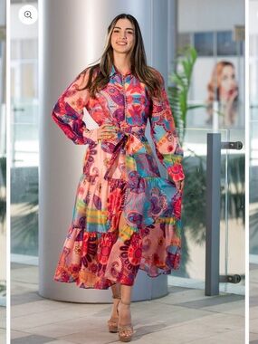 NWT Alania Chiffon Belted Ruffle Maxi Dress Medium